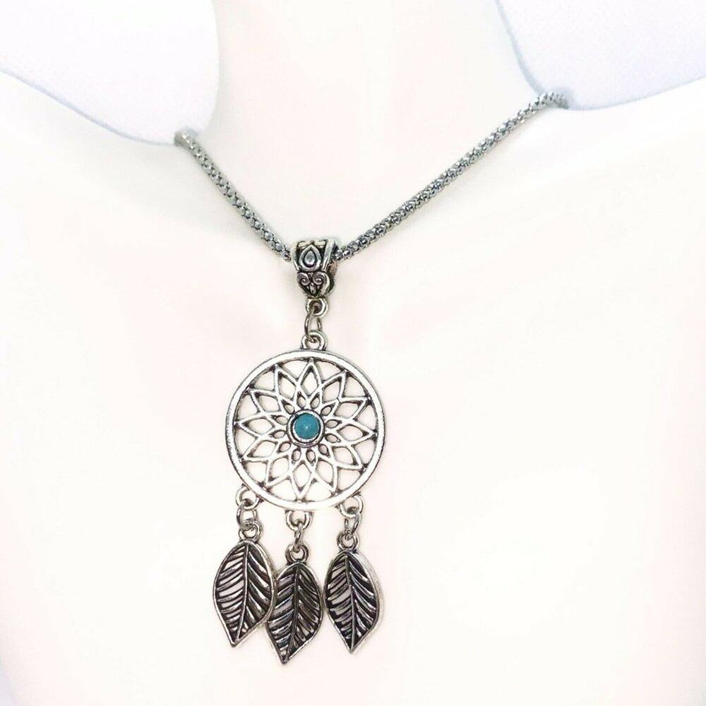 Silver Turquoise Dreamcatcher Feather Necklace